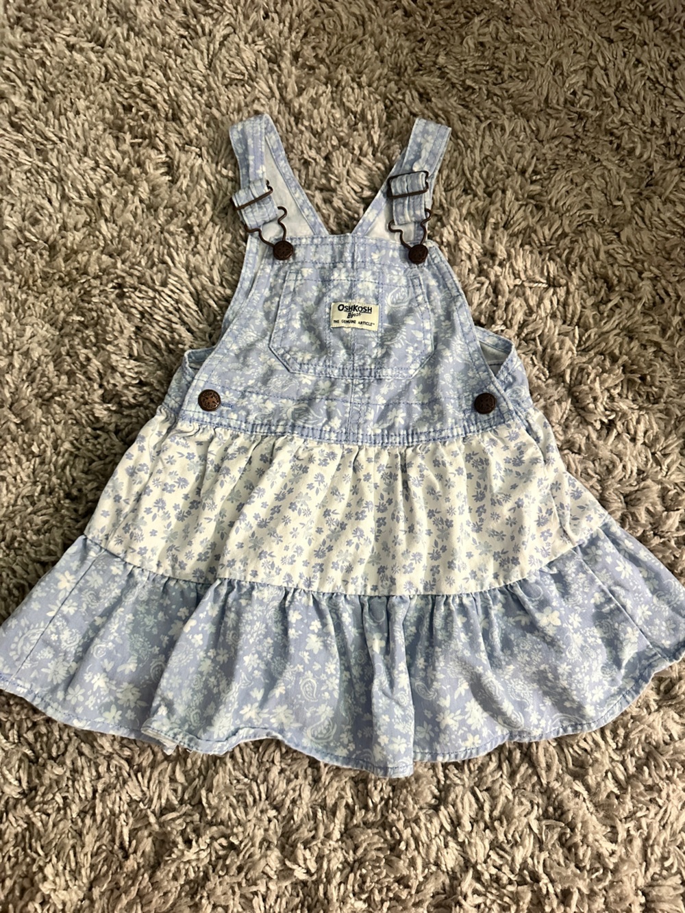 OshKosh B'gosh Light Blue and White Floral Tiered Overall Dress